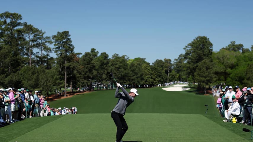 AUGUSTA, GEORGIA - APRIL 12: Austin Eckroat of the United States plays his shot from the first tee during the second round of the 2024 Masters Tournament at Augusta National Golf Club on April 12, 2024 in Augusta, Georgia. (Photo by Warren Little/Getty Images)