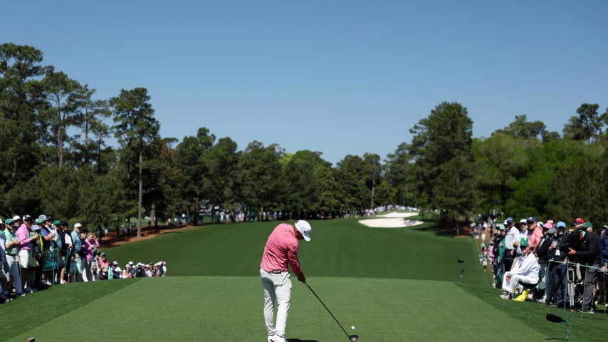 AUGUSTA, GEORGIA - APRIL 12: Stephan Jaeger of Germany plays his shot from the first tee during the second round of the 2024 Masters Tournament at Augusta National Golf Club on April 12, 2024 in Augusta, Georgia. (Photo by Warren Little/Getty Images)