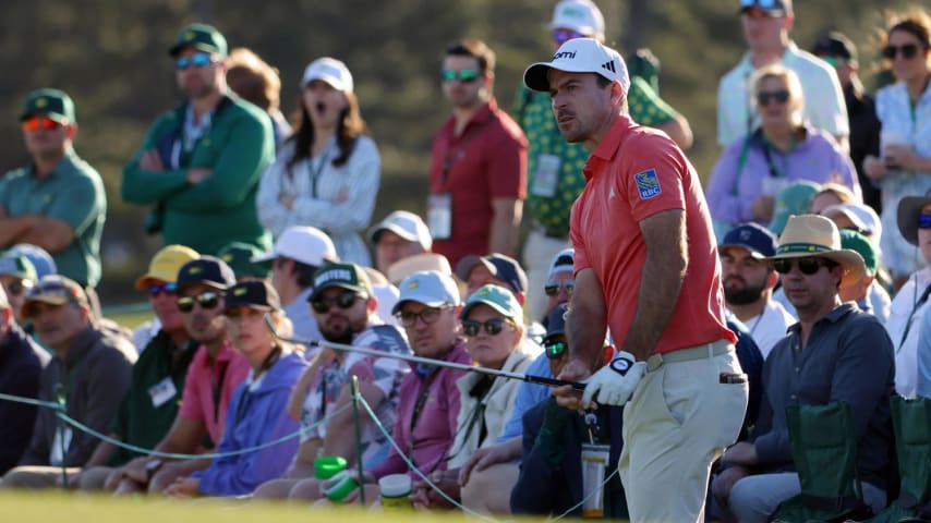 AUGUSTA, GEORGIA - APRIL 12: Nick Taylor of Canada chips onto the 18th green during the second round of the 2024 Masters Tournament at Augusta National Golf Club on April 12, 2024 in Augusta, Georgia. (Photo by Jamie Squire/Getty Images) (Photo by Jamie Squire/Getty Images)