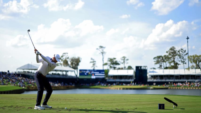 PONTE VEDRA BEACH, FLORIDA - MARCH 15: Ben Silverman of the United States plays his shot from the 17th tee during the second round of THE PLAYERS Championship on the Stadium Course at TPC Sawgrass on March 15, 2024 in Ponte Vedra Beach, Florida. (Photo by Mike Ehrmann/Getty Images)