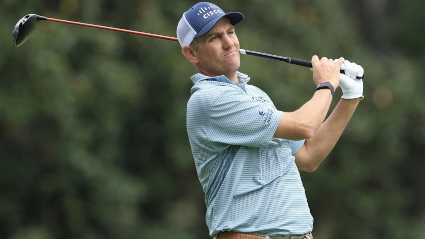 ST SIMONS ISLAND, GEORGIA - NOVEMBER 16: Brendon Todd of the United States hits a tee shot on the 18th hole during the first round of The RSM Classic on the Plantation Course at Sea Island Resort on November 16, 2023 in St Simons Island, Georgia. (Photo by Sam Greenwood/Getty Images)
