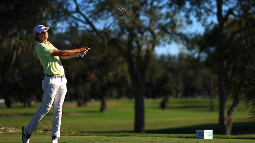 ST SIMONS ISLAND, GEORGIA - NOVEMBER 24: Nico Echavarria of Colombia plays his shot from the 17th tee during the final round of The RSM Classic 2024 at Sea Island Resort on November 24, 2024 in St Simons Island, Georgia. (Photo by Mike Ehrmann/Getty Images)