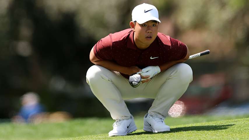 PALM HARBOR, FLORIDA - MARCH 22: Tom Kim of South Korea lines up a putt \1during the third round of the Valspar Championship 2025 at Innisbrook Resort and Golf Club on March 22, 2025 in Palm Harbor, Florida. (Photo by Brennan Asplen/Getty Images)