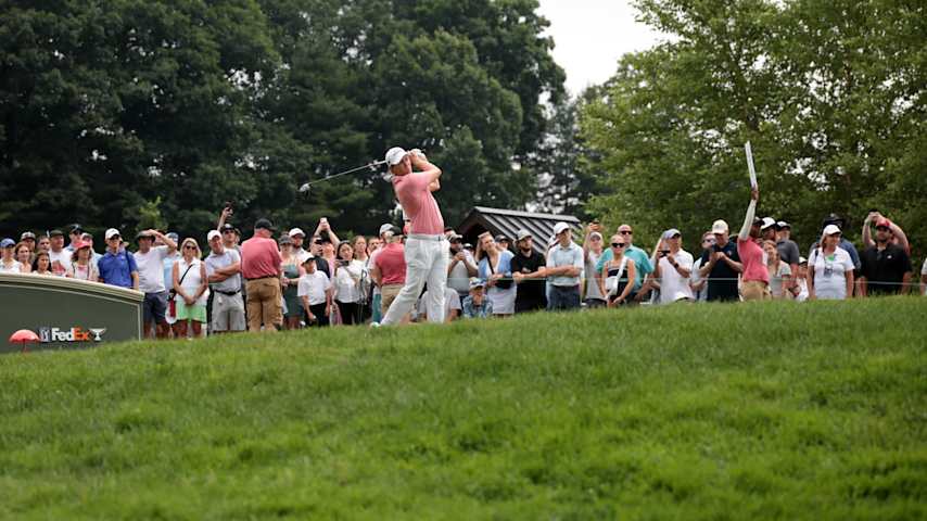 CROMWELL, CONNECTICUT - JUNE 23: Matt Fitzpatrick of England plays his shot from the first tee during the final round of the Travelers Championship at TPC River Highlands on June 23, 2024 in Cromwell, Connecticut. (Photo by James Gilbert/Getty Images)