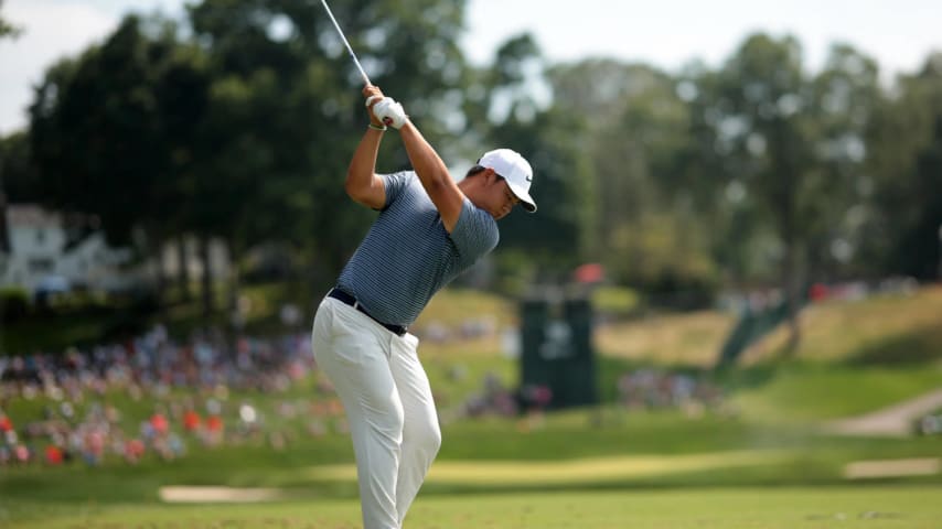 CROMWELL, CONNECTICUT - JUNE 23: Tom Kim of South Korea plays his shot from the 16th tee during the final round of the Travelers Championship at TPC River Highlands on June 23, 2024 in Cromwell, Connecticut. (Photo by James Gilbert/Getty Images)