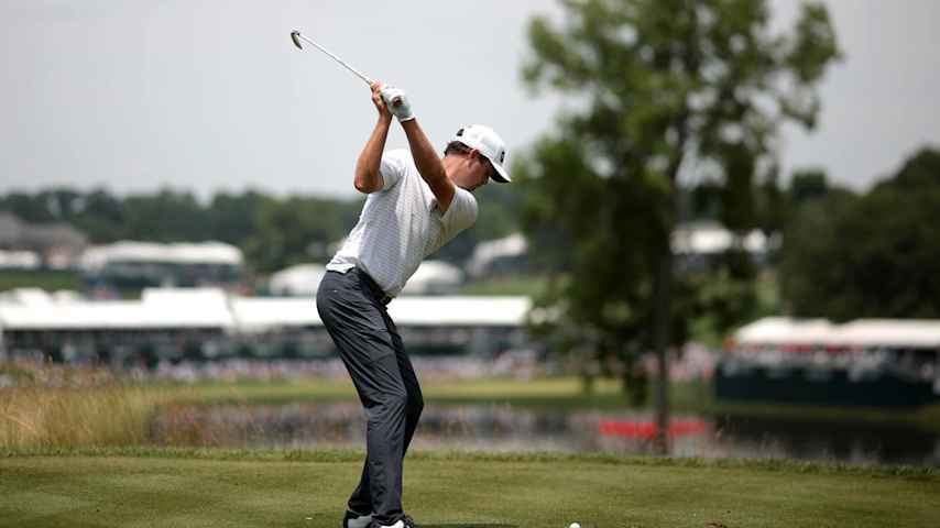 CROMWELL, CONNECTICUT - JUNE 22: Harris English of the United States plays his shot from the 17th tee during the third round of the Travelers Championship at TPC River Highlands on June 22, 2024 in Cromwell, Connecticut. (Photo by James Gilbert/Getty Images)
