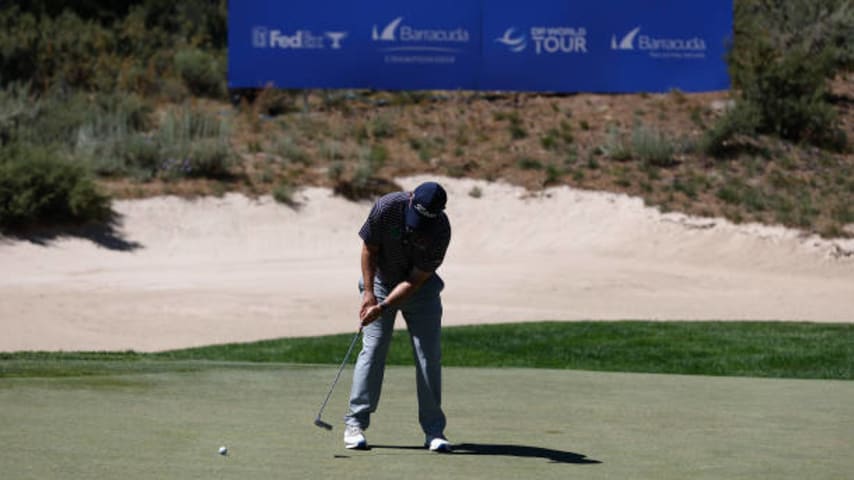 TRUCKEE, CALIFORNIA - JULY 20: Greg Chalmers of Australia putts on the 16th green during the first round of the Barracuda Championship at Tahoe Mountain Club on July 20, 2023 in United States. (Photo by Lachlan Cunningham/Getty Images)