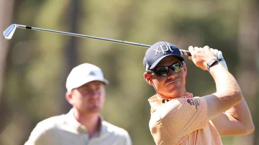 PINEHURST, NORTH CAROLINA - JUNE 11: Adam Schenk of the United States plays his shot from the 15th tee during a practice round prior to the U.S. Open at Pinehurst Resort on June 11, 2024 in Pinehurst, North Carolina. (Photo by Gregory Shamus/Getty Images)