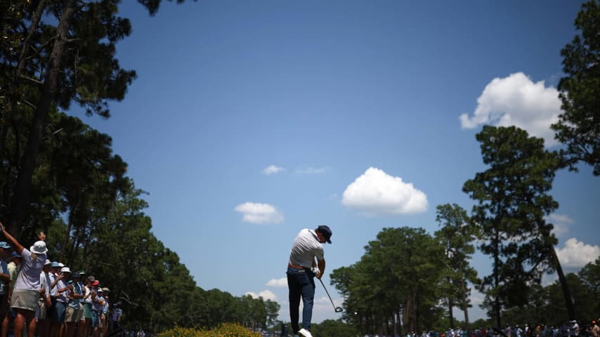 PINEHURST, NORTH CAROLINA - JUNE 15: Stephan Jaeger of Germany hits a tee shot on /3during the third round of the 124th U.S. Open at Pinehurst Resort on June 15, 2024 in Pinehurst, North Carolina. (Photo by Jared C. Tilton/Getty Images)