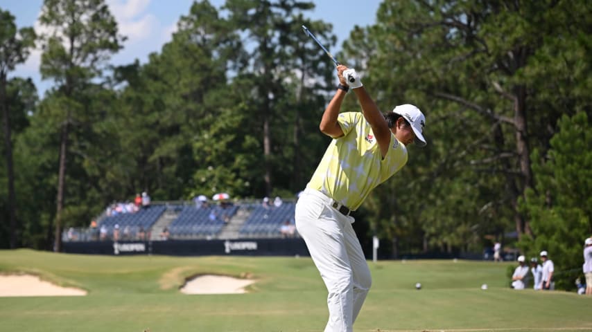 PINEHURST, NORTH CAROLINA - JUNE 15: S.H. Kim of South Korea hits a tee shot on the ninth hole during the third round of the 124th U.S. Open at Pinehurst Resort on June 15, 2024 in Pinehurst, North Carolina. (Photo by Ross Kinnaird/Getty Images)