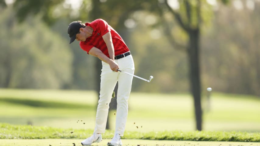 MAMARONECK, NEW YORK - SEPTEMBER 18: Amateur Davis Thompson of the United States plays his shot from the third tee during the second round of the 120th U.S. Open Championship on September 18, 2020 at Winged Foot Golf Club in Mamaroneck, New York. (Photo by Gregory Shamus/Getty Images)