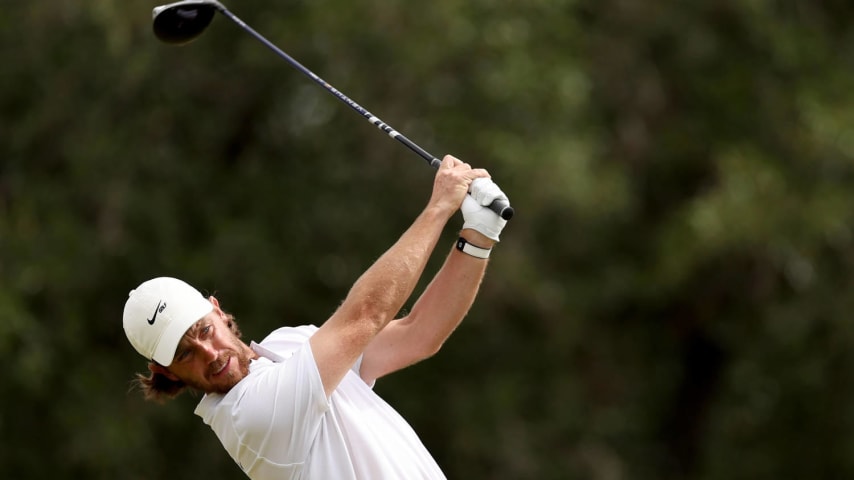 SAN ANTONIO, TEXAS - APRIL 07: Tommy Fleetwood of England plays his tee shot on the 2nd hole during the final round of the Valero Texas Open at TPC San Antonio on April 07, 2024 in San Antonio, Texas. (Photo by Brennan Asplen/Getty Images)