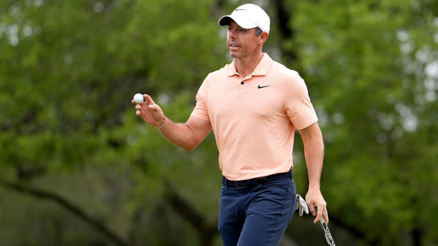 SAN ANTONIO, TEXAS - APRIL 07: Rory McIlroy of Northen Ireland acknowledges the crowd after playing his putt shot on the 1st hole during the final round of the Valero Texas Open at TPC San Antonio on April 07, 2024 in San Antonio, Texas. (Photo by Raj Mehta/Getty Images)