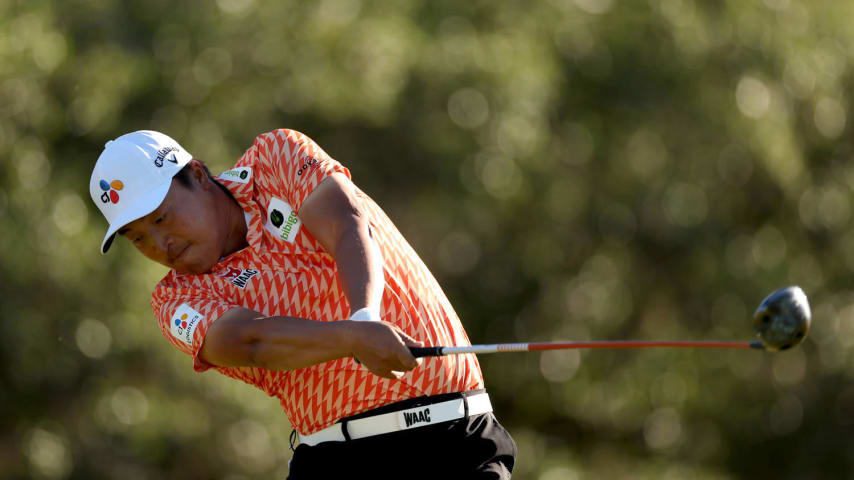 SAN ANTONIO, TEXAS - APRIL 04: K.H. Lee of South Korea plays his tee shot on the 2nd hole during the first round of the Valero Texas Open at TPC San Antonio on April 04, 2024 in San Antonio, Texas. (Photo by Brennan Asplen/Getty Images)