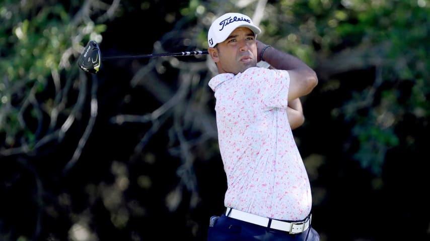 SAN ANTONIO, TEXAS - APRIL 04: Rafael Campos of Puerto Rico plays his tee shoot on the 14th hole during the first round of the Valero Texas Open at TPC San Antonio on April 04, 2024 in San Antonio, Texas. (Photo by Raj Mehta/Getty Images)