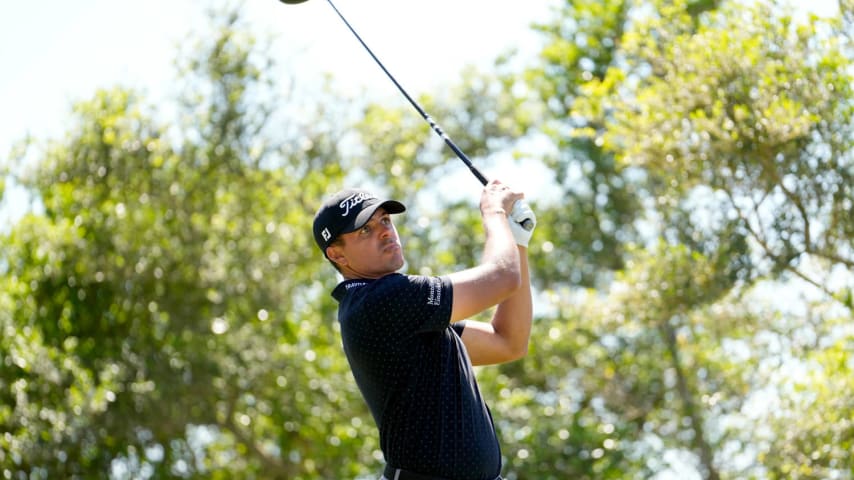 SAN ANTONIO, TEXAS - APRIL 04: Joseph Bramlett of the United States plays his tee shot on the 18th hole during the first round of the Valero Texas Open at TPC San Antonio on April 04, 2024 in San Antonio, Texas. (Photo by Raj Mehta/Getty Images)