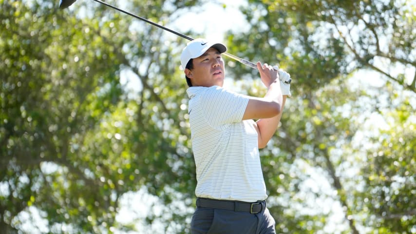 SAN ANTONIO, TEXAS - APRIL 04: Norman Xiong of the United States plays his tee shot on the 18th hole during the first round of the Valero Texas Open at TPC San Antonio on April 04, 2024 in San Antonio, Texas. (Photo by Raj Mehta/Getty Images)