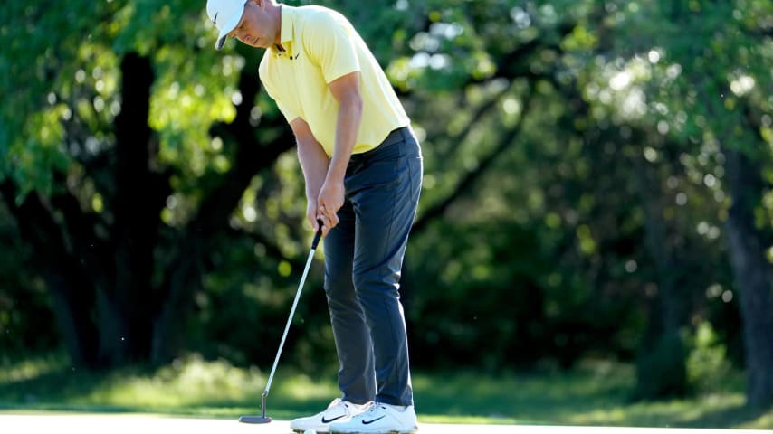 SAN ANTONIO, TEXAS - APRIL 05: Nick Hardy of the United States plays his putt shot on the 4th hole during the second round of the Valero Texas Open at TPC San Antonio on April 05, 2024 in San Antonio, Texas. (Photo by Raj Mehta/Getty Images)