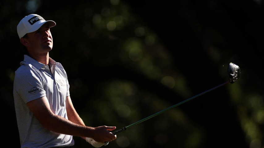 SAN ANTONIO, TEXAS - APRIL 05: Austin Eckroat of the United States plays his tee shot on the 14th hole during the second round of the Valero Texas Open at TPC San Antonio on April 05, 2024 in San Antonio, Texas. (Photo by Brennan Asplen/Getty Images)