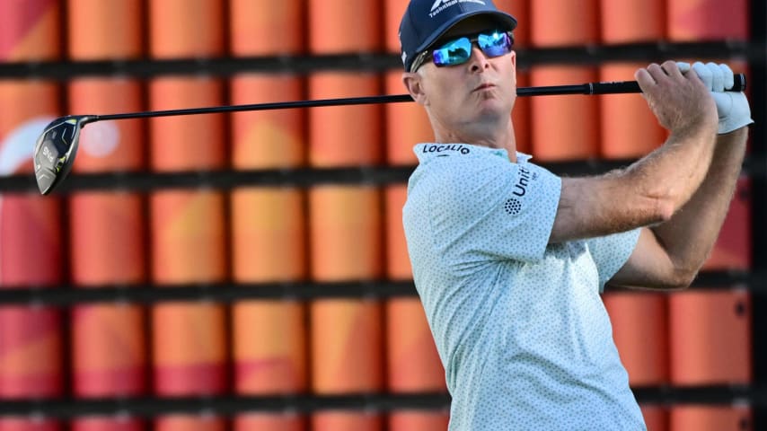 PALM HARBOR, FLORIDA - MARCH 23: Kevin Streelman of the United States plays his shot from the 18th tee during the third round of the Valspar Championship at Copperhead Course at Innisbrook Resort and Golf Club on March 23, 2024 in Palm Harbor, Florida. (Photo by Julio Aguilar/Getty Images)