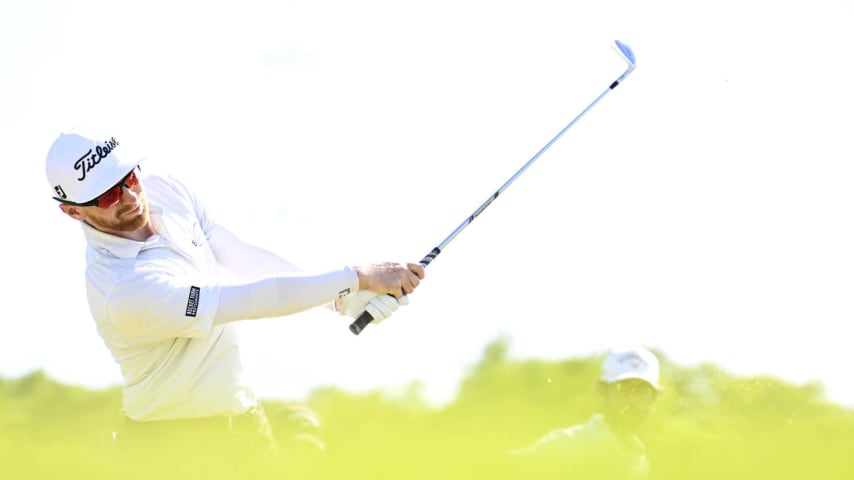 KNOXVILLE, TENNESSEE - MAY 12: Anders Albertson plays his shot on the eighth tee during the first round of the Visit Knoxville Open at Holston Hills Country Club on May 12, 2022 in Knoxville, Tennessee. (Photo by Eakin Howard/Getty Images)