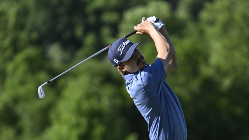 KNOXVILLE, TENNESSEE - MAY 12: Carson Young plays his shot from the eighth tee during the first round of the Visit Knoxville Open at Holston Hills Country Club on May 12, 2022 in Knoxville, Tennessee. (Photo by Eakin Howard/Getty Images)