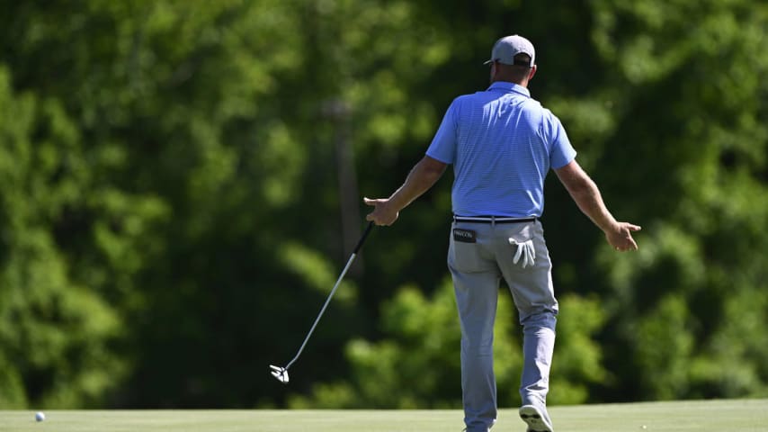 KNOXVILLE, TENNESSEE - MAY 12: Erik Barnes reacts after missing a putt on the seventh green during the first round of the Visit Knoxville Open at Holston Hills Country Club on May 12, 2022 in Knoxville, Tennessee. (Photo by Eakin Howard/Getty Images)