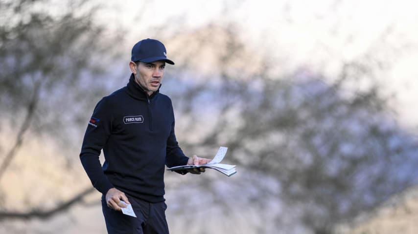 SCOTTSDALE, ARIZONA - FEBRUARY 08: Camilo Villegas of Colombia looks on from the 12th tee during the first round of the WM Phoenix Open at TPC Scottsdale on February 08, 2024 in Scottsdale, Arizona. (Photo by Orlando Ramirez/Getty Images)