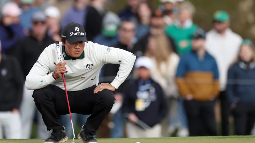 SCOTTSDALE, ARIZONA - FEBRUARY 10: S.H. Kim of South Korea lines up a putt on the third green during the third round of the WM Phoenix Open at TPC Scottsdale on February 10, 2024 in Scottsdale, Arizona. (Photo by Christian Petersen/Getty Images)