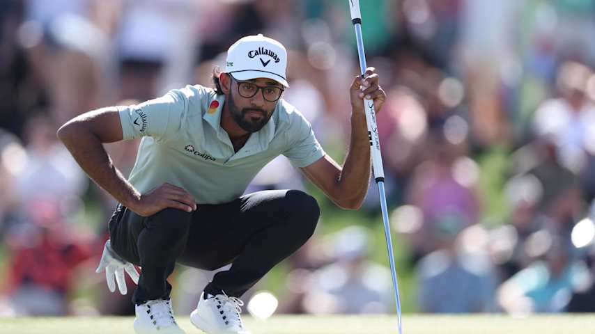 SCOTTSDALE, ARIZONA - FEBRUARY 08: Akshay Bhatia of the United States lines up a putt on the tenth green during the third round of the WM Phoenix Open 2025 at TPC Scottsdale on February 08, 2025 in Scottsdale, Arizona. (Photo by Christian Petersen/Getty Images)