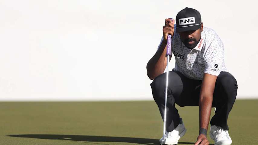 SCOTTSDALE, ARIZONA - FEBRUARY 07: Sahith Theegala of the United States lines up a putt on the 16th green during the second round of the WM Phoenix Open 2025 at TPC Scottsdale on February 07, 2025 in Scottsdale, Arizona. (Photo by Christian Petersen/Getty Images)