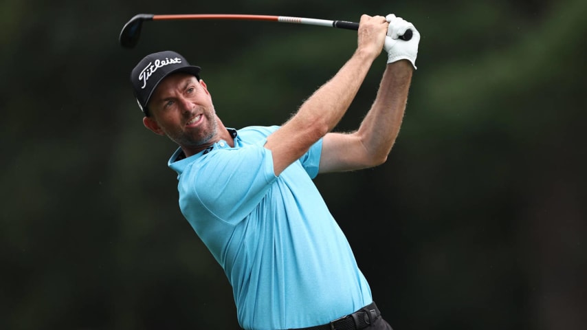 GREENSBORO, NORTH CAROLINA - AUGUST 03: Webb Simpson of the United States plays his shot from the 12th tee during the first round of the Wyndham Championship at Sedgefield Country Club on August 03, 2023 in Greensboro, North Carolina. (Photo by Jared C. Tilton/Getty Images)