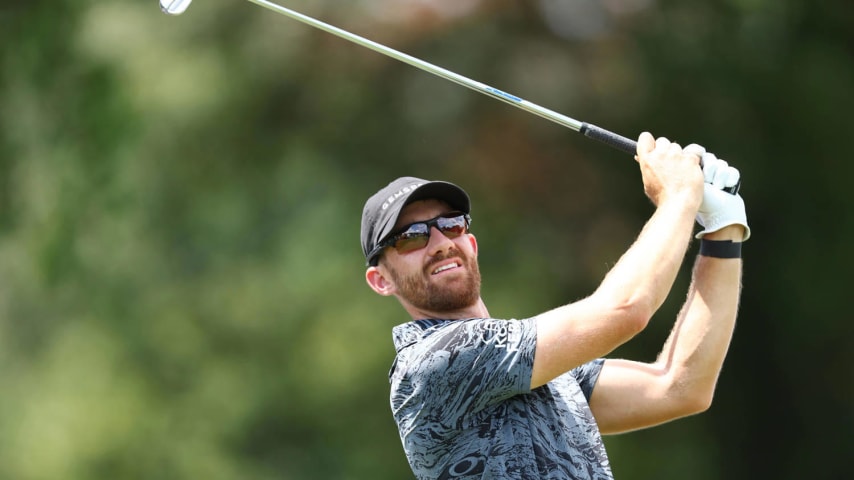 GREENSBORO, NORTH CAROLINA - AUGUST 09: Patrick Rodgers of the United States plays his shot from the 16th tee during the first round of the Wyndham Championship at Sedgefield Country Club on August 09, 2024 in Greensboro, North Carolina. (Photo by David Jensen/Getty Images)