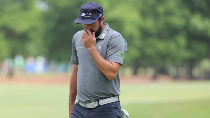 AVONDALE, LOUISIANA - APRIL 28: Mark Hubbard of the United States reacts to his missed birdie putt on the fourth green during the final round of the Zurich Classic of New Orleans at TPC Louisiana on April 28, 2024 in Avondale, Louisiana. (Photo by Jonathan Bachman/Getty Images)