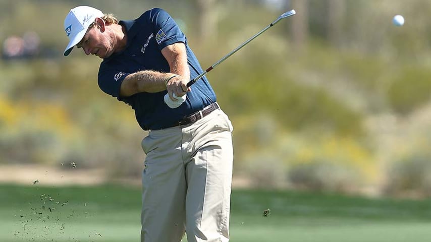 MARANA, AZ - FEBRUARY 20: Ernie Els of South Africa plays his second shot on the second hole during the second round of the World Golf Championships - Accenture Match Play Championship at The Golf Club at Dove Mountain on February 20, 2014 in Marana, Arizona. (Photo by Andy Lyons/Getty Images)