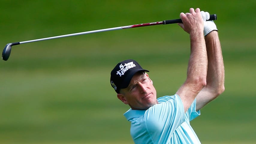 MONTREAL, QC - JULY 25:  Jim Furyk hits his approach to the 18th green during the second round of the RBC Canadian Open at the Royal Montreal Golf Club on July 25, 2014 in Montreal, Quebec, Canada.  (Photo by Sam Greenwood/Getty Images)