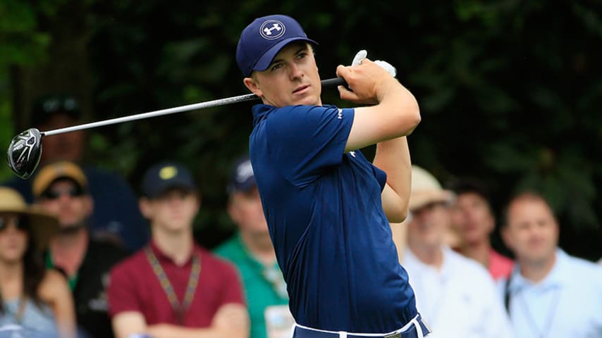 AUGUSTA, GA - APRIL 12:  Jordan Spieth of the United States watches his tee shot on the seventh hole during the final round of the 2015 Masters Tournament at Augusta National Golf Club on April 12, 2015 in Augusta, Georgia.  (Photo by Jamie Squire/Getty Images)