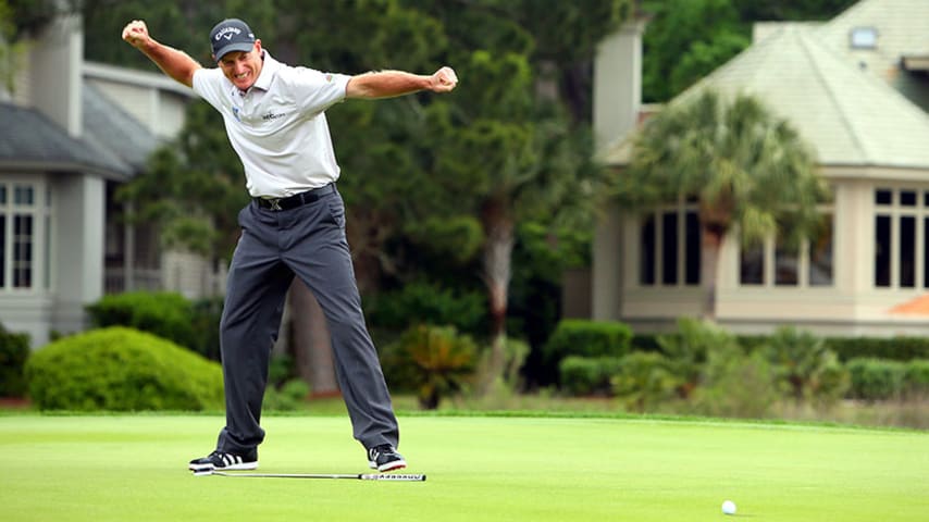 HILTON HEAD ISLAND, SC - APRIL 19:  Jim Furyk makes a birdie putt on the second playoff hole to win the RBC Heritage at Harbour Town Golf Links on April 19, 2015 in Hilton Head Island, South Carolina.  (Photo by Tyler Lecka/Getty Images)