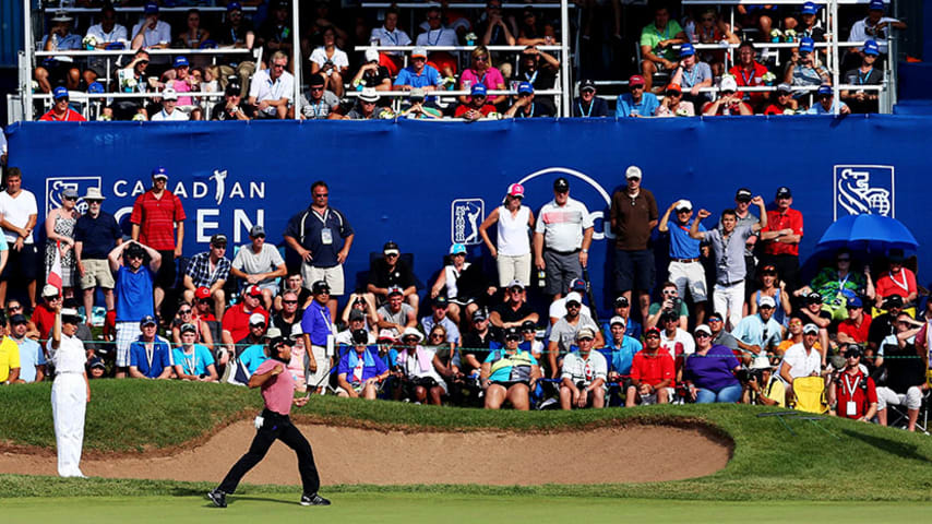 OAKVILLE, ON - JULY 26:  Jason Day of Australia celebrates after putting for birdie on the 18th green to win during the final round of the RBC Canadian Open at Glen Abbey Golf Club on July 26, 2015 in Oakville, Canada.  (Photo by Vaughn Ridley/Getty Images)
