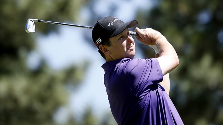 RENO, NV - AUGUST 09:  J.J. Henry tees off on the third hole during the final round of the Barracuda Championship at the Montreaux Golf and Country Club on August 9, 2015 in Reno, Nevada.  (Photo by Christian Petersen/Getty Images)