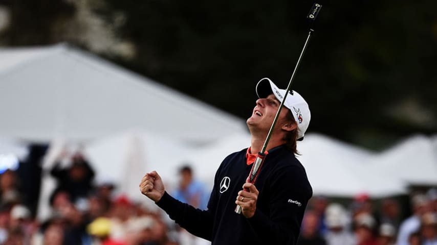 NAPA, CA - OCTOBER 18:  Emiliano Grillo of Argentina celebrates after winning in the final round of the Frys.com Open on October 18, 2015 at the North Course of the Silverado Resort and Spa in Napa, California.  (Photo by Steve Dykes/Getty Images)