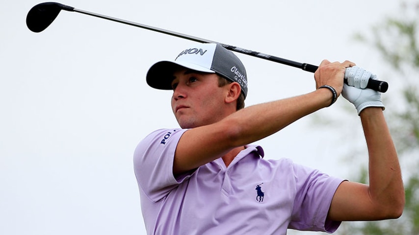 LAS VEGAS, NV - OCTOBER 25:  Smylie Kaufman plays his shot from the 18th tee during the final round of the Shriners Hospitals For Children Open on October 25, 2015 at TPC Summerlin in Las Vegas, Nevada.  (Photo by Cliff Hawkins/Getty Images)