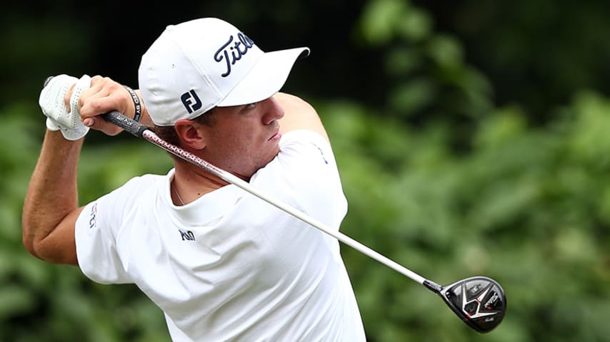 KUALA LUMPUR, MALAYSIA - NOVEMBER 01:  Justin Thomas of the United States plays a tee shot on the 3rd hole during round four of the CIMB Classic at Kuala Lumpur Golf & Country Club on November 1, 2015 in Kuala Lumpur, Malaysia.  (Photo by Stanley Chou/Getty Images)