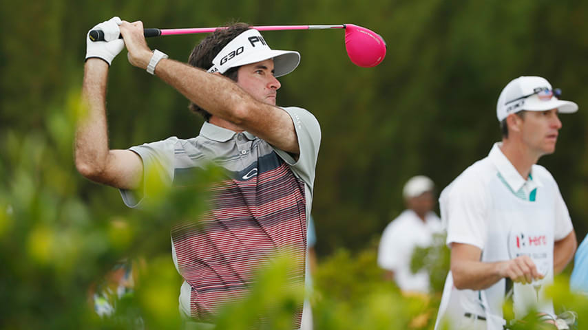 NASSAU, BAHAMAS - DECEMBER 06:  Bubba Watson of the United States watches his tee shot on the 11th hole during the final round of the Hero World Challenge at Albany, The Bahamas on December 6, 2015 in Nassau, Bahamas  (Photo by Scott Halleran/Getty Images)