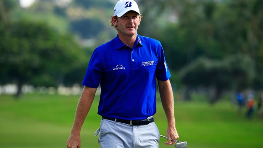 HONOLULU, HI - JANUARY 15:  Brandt Snedeker reacts on the 18th green during the second round of the Sony Open In Hawaii at Waialae Country Club on January 15, 2016 in Honolulu, Hawaii.  (Photo by Cliff Hawkins/Getty Images)