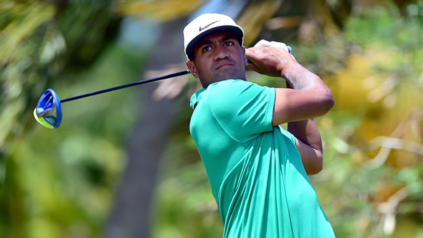 RIO GRANDE, PUERTO RICO - MARCH 27:  Tony Finau tees off on the fourth hole during the final round of the Puerto Rico Open at Coco Beach on March 27, 2016 in Rio Grande, Puerto Rico.  (Photo by Jared C. Tilton/Getty Images)
