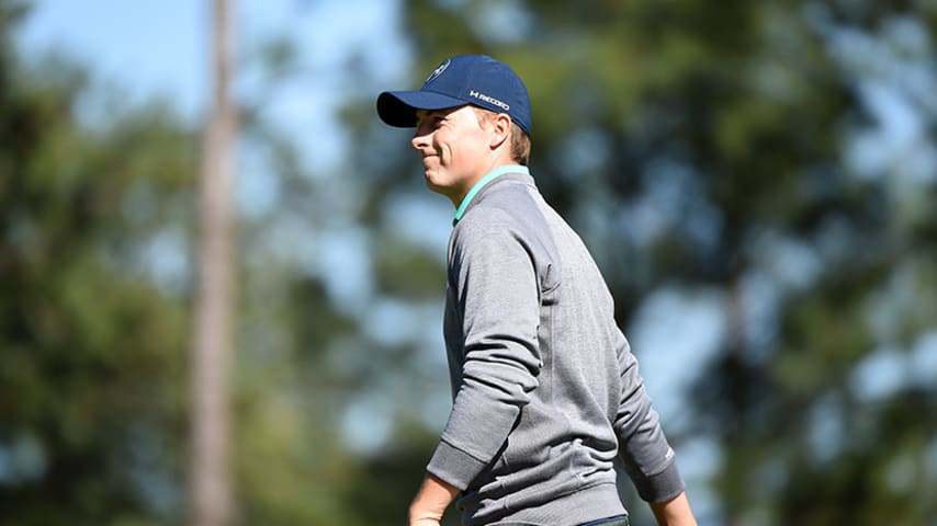 AUGUSTA, GEORGIA - APRIL 09: Jordan Spieth of the United States reacts to his birdie on the eighth green during the third round of the 2016 Masters Tournament at Augusta National Golf Club on April 9, 2016 in Augusta, Georgia.  (Photo by Harry How/Getty Images)