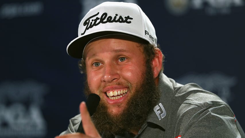 SPRINGFIELD, NJ - JULY 27: Andrew Johnston of England is interviewed during a press conference prior to the 2016 PGA Championship at Baltusrol Golf Club on July 27, 2016 in Springfield, New Jersey. (Photo by Scott Halleran/Getty Images)