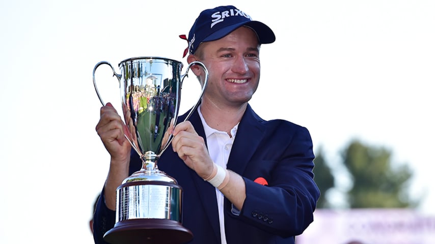 CROMWELL, CT - AUGUST 07:  Russell Knox of Scotland poses with the trophy after winning the Travelers Championship during the final round of the Travelers Championship at TCP River Highlands on August 7, 2016 in Cromwell, Connecticut.  (Photo by Steven Ryan/Getty Images)