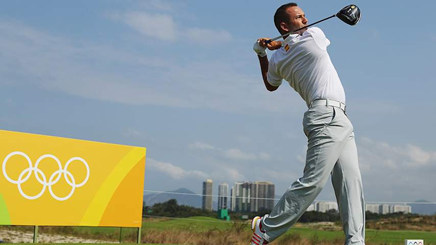 RIO DE JANEIRO, BRAZIL - AUGUST 09: Sergio Garcia of Spain hits a tee shot during a practice round on Day 4 of the Rio 2016 Olympic Games at Olympic Golf Course on August 9, 2016 in Rio de Janeiro, Brazil. (Photo by Scott Halleran/Getty Images)